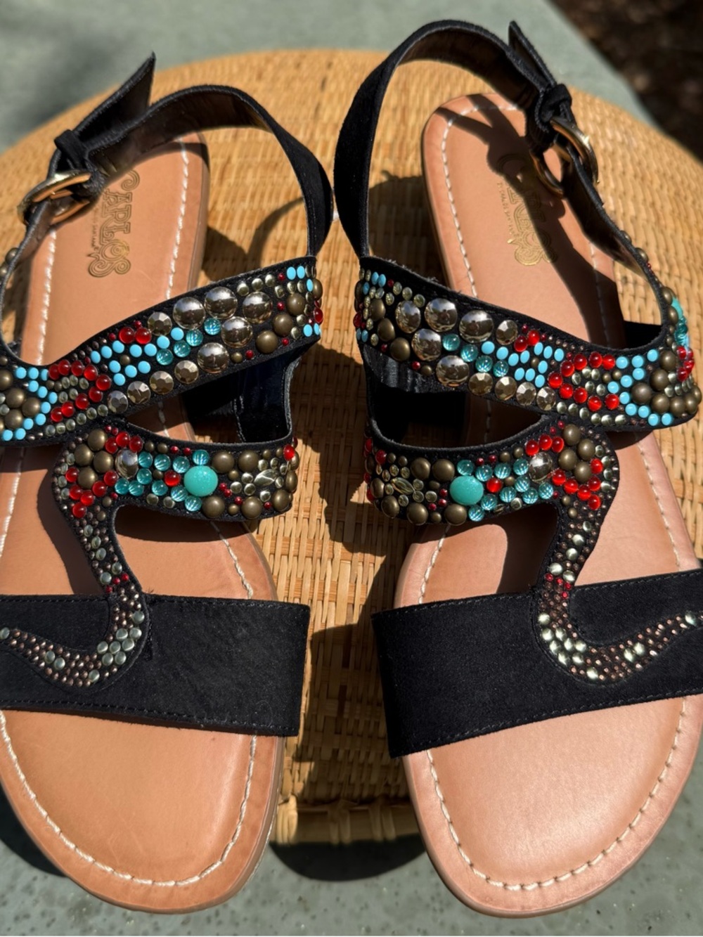 Carlos Santana Women's Sandals Black Turquoise Gold and Red beaded Boho Like New - Picture 3 of 9